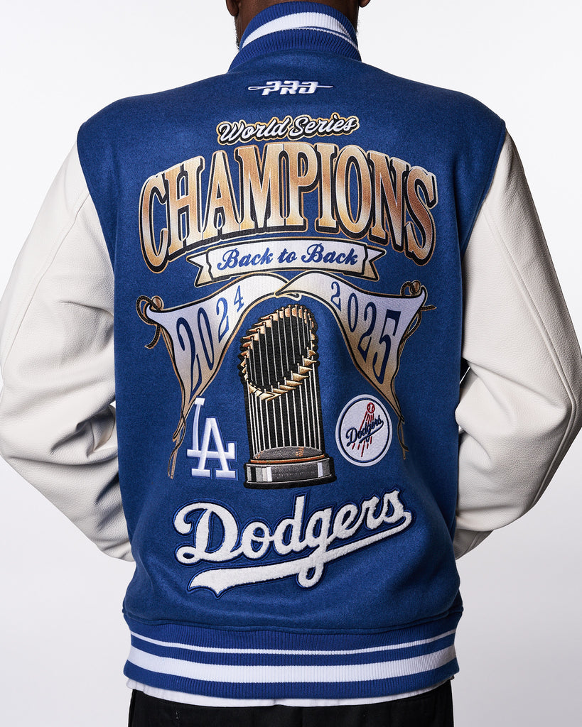 Los Angeles Dodgers World Series 2025 Back-to-Back Champions Faux Leather Varsity Jacket - Blue/White