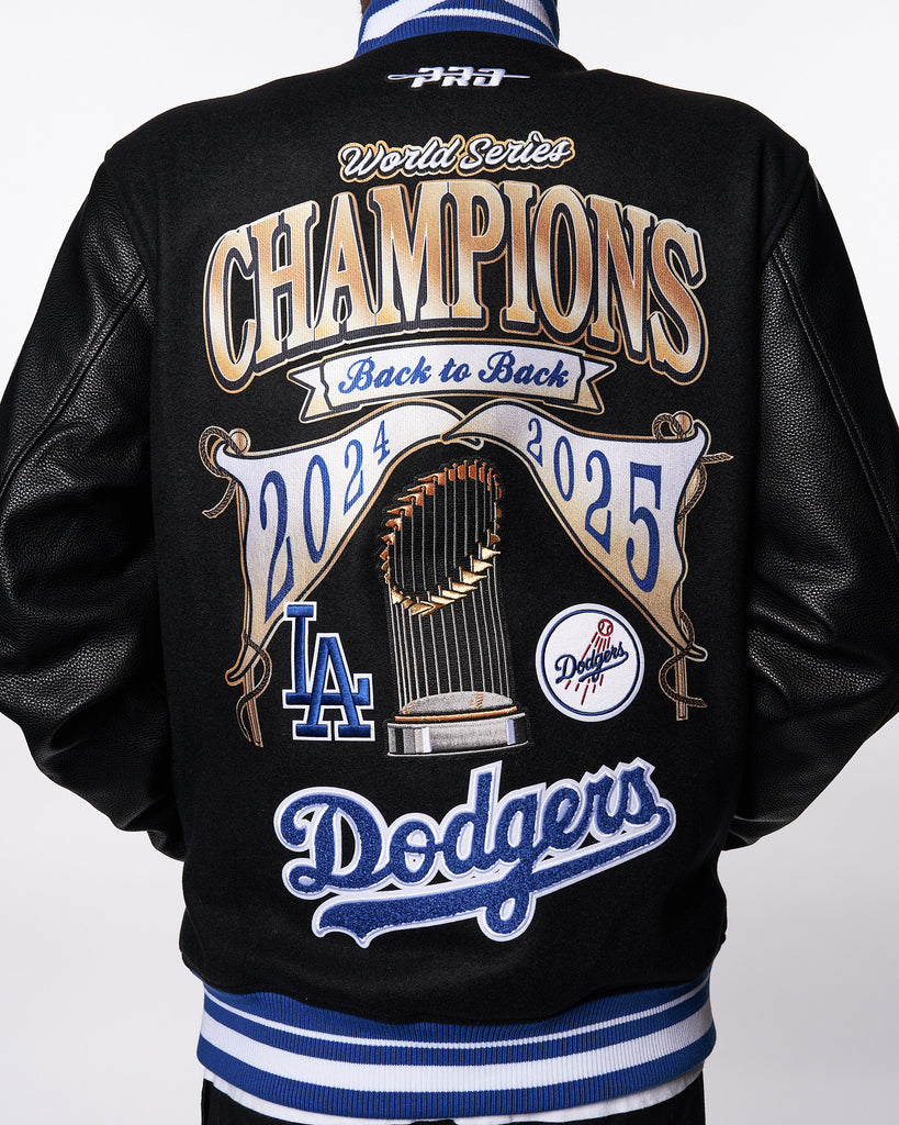 Los Angeles Dodgers World Series 2025 Back-to-Back Champions Faux Leather Varsity Jacket - Black