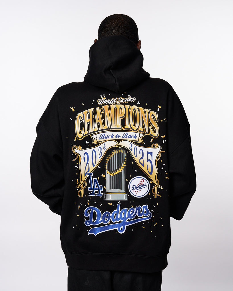 Los Angeles Dodgers World Series 2025 Back-to-Back Champions Drop Shoulder Fleece Pullover Hoodie Sweater - Black