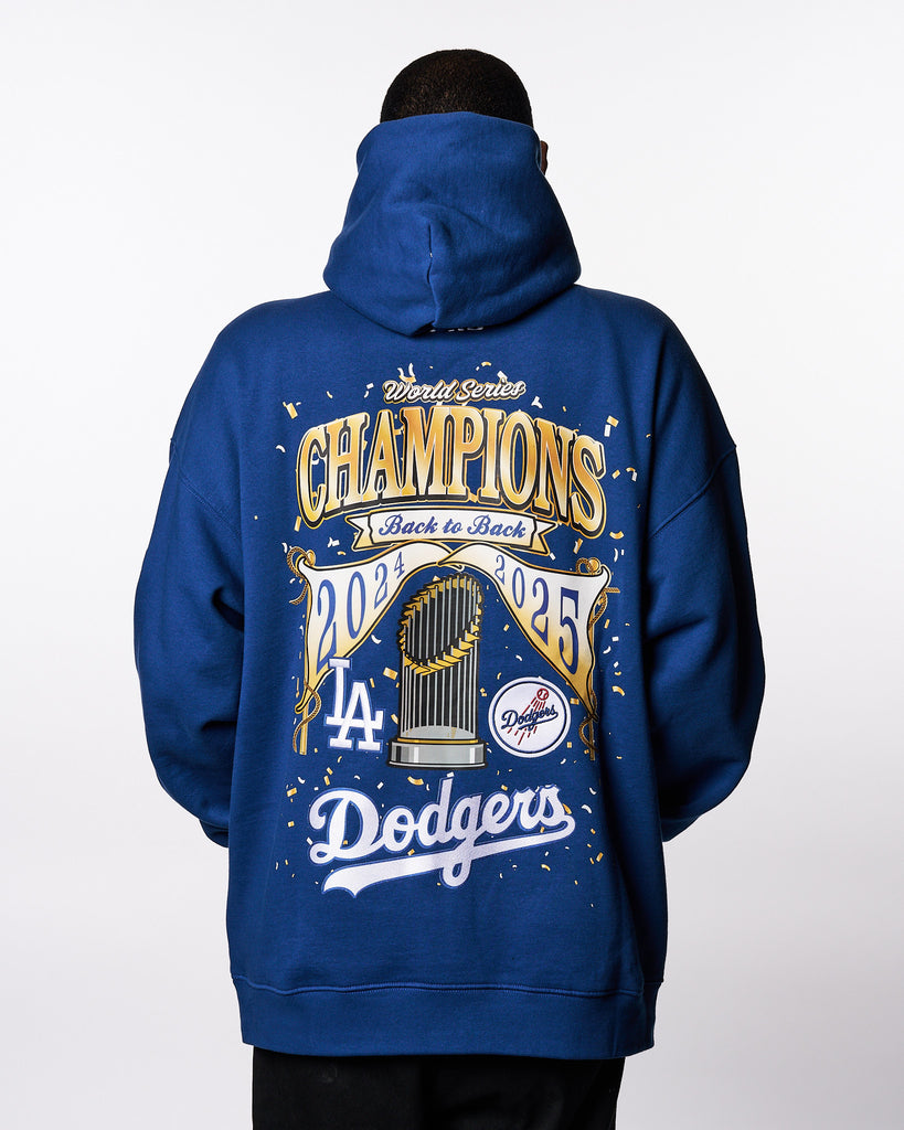 Los Angeles Dodgers World Series 2025 Back-to-Back Champions Drop Shoulder Fleece Pullover Hoodie Sweater - Blue