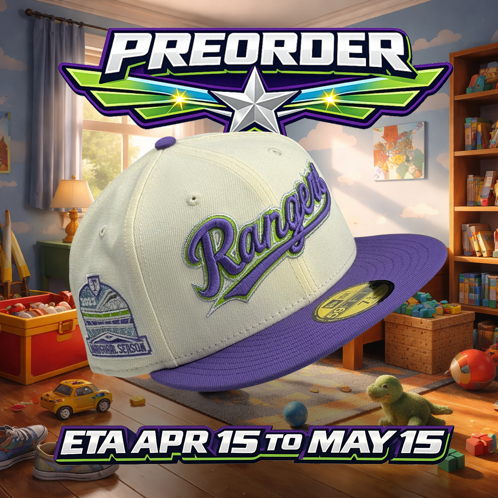**PREORDER**  ETA APR 15 to MAY 15 Texas Rangers 🤠 BEST FRIENDS PACK 🧑‍🚀  (Space Ranger) New Era 59Fifty Fitted hat - Chrome White Purple