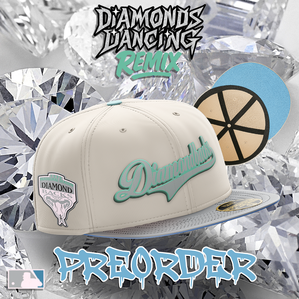 **PREORDER** ETA FEB 15 to MAR 15 Arizona Diamondbacks 💎 DBACKS DANCING REMIX 💎 New Era 59Fifty Fitted Hat - Chrome White / Grey