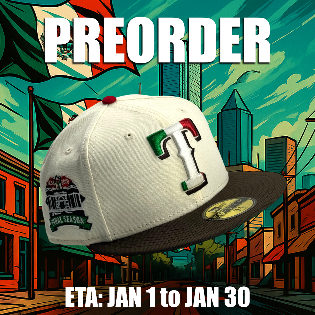 **PREORDER** ETA JAN 1 to JAN 30 Texas Rangers 🇲🇽 EL TEJANO 🇲🇽 New Era 59Fifty Fitted Hat - Chrome White / Burnt Wood