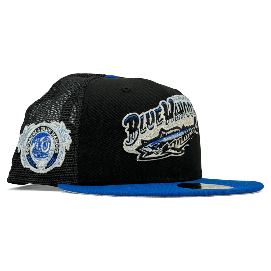 Pensacola Blue Wahoos New Era 59Fifty Fitted Hat - Black Trucker / Blue