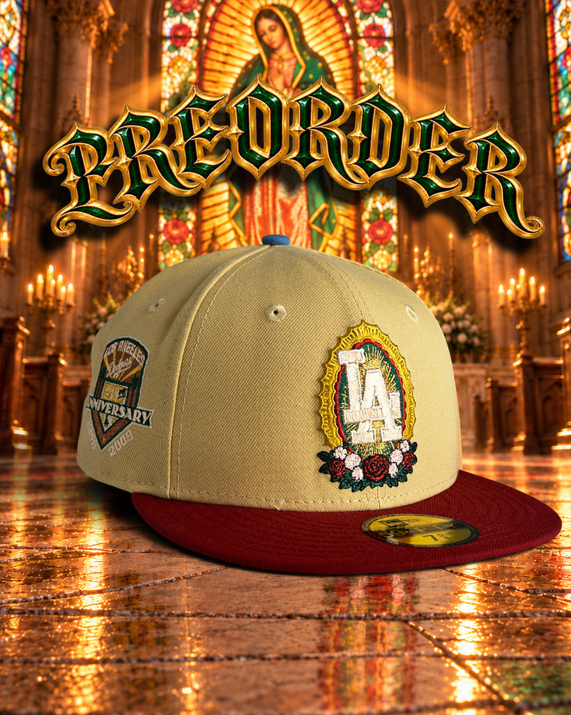** PREORDER ** ETA JANUARY 1 TO JANUARY 31 Los Angeles Dodgers “LA REINA” New Era 59Fifty Fitted Hat - Vegas Gold / Brick Red