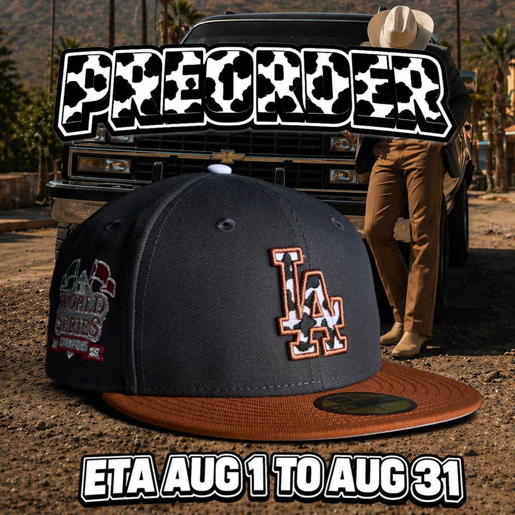 ** PREORDER ** ETA AUGUST 1 TO AUGUST 31 Los Angeles Dodgers 🤠 PELAVACAS 🤠 New Era 59Fifty Fitted Hat - Graphite / Toasted Peanut