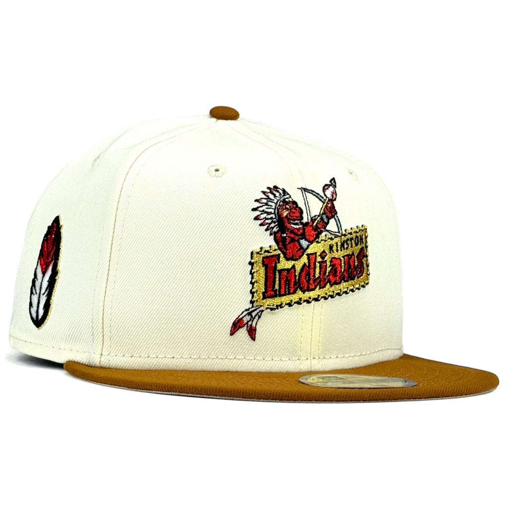 Kinston Indians “UNDEFEATED INDIANS” New Era 59Fifty Fitted hat - Chrome White / Toasted Peanut