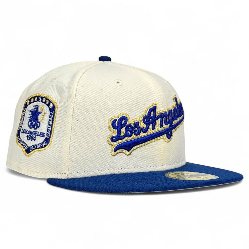 Los Angeles Dodgers “1984 Olympic” (Los Angeles Script) New Era 59Fifty Fitted Hat - Chrome White / Royal