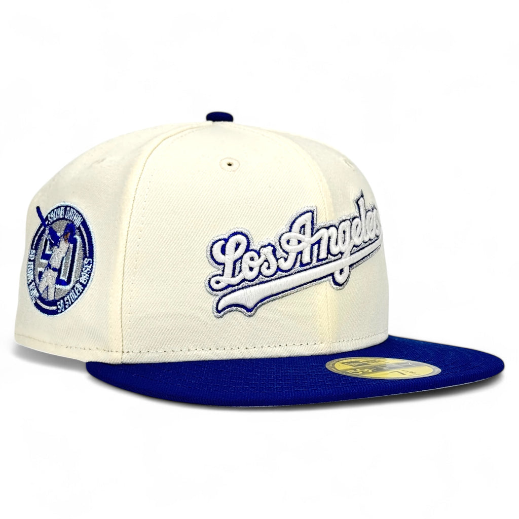 Los Angeles Dodgers “50/50 Club” (Los Angeles Script) New Era 59Fifty Fitted Hat - Chrome White / Royal