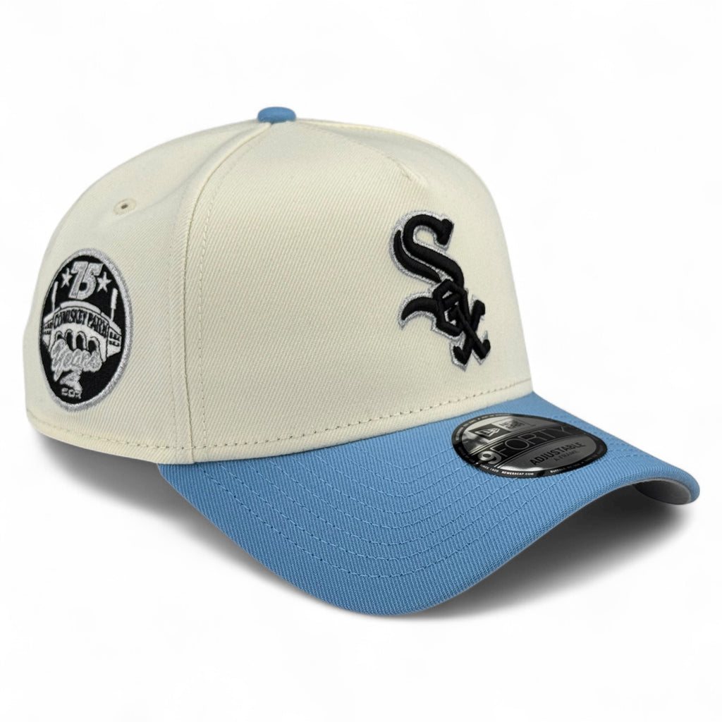 Chicago White Sox "Comiskey Park 75 Years" New Era 9Forty A-Frame Snapback Hat - Chrome White / Sky Blue