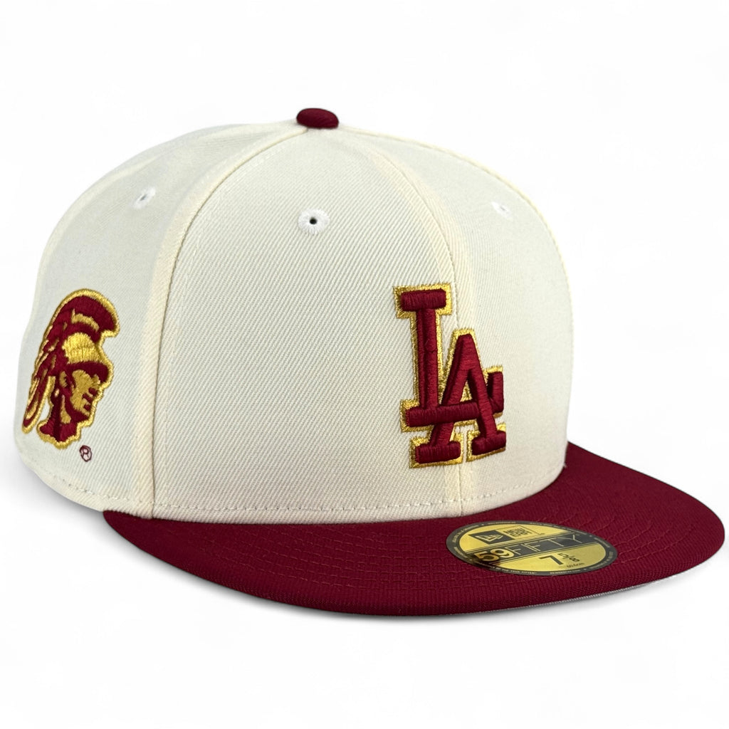 Los Angeles Dodgers x USC ✌️ New Era 59Fifty Fitted Hat - Chrome White / Brick Red