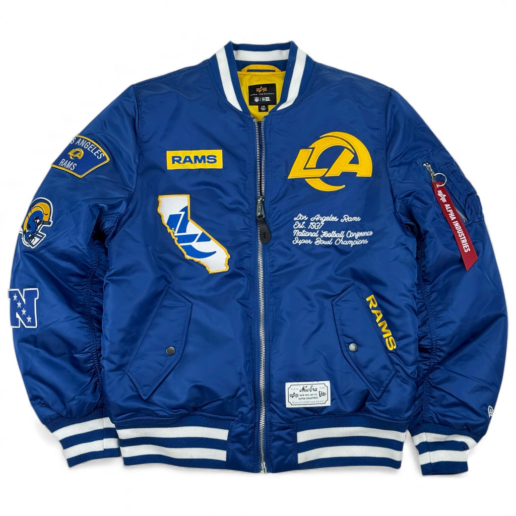 Los Angeles Rams Alpha Industries New Era MA-1 Bomber Satin Flight Jacket - Blue