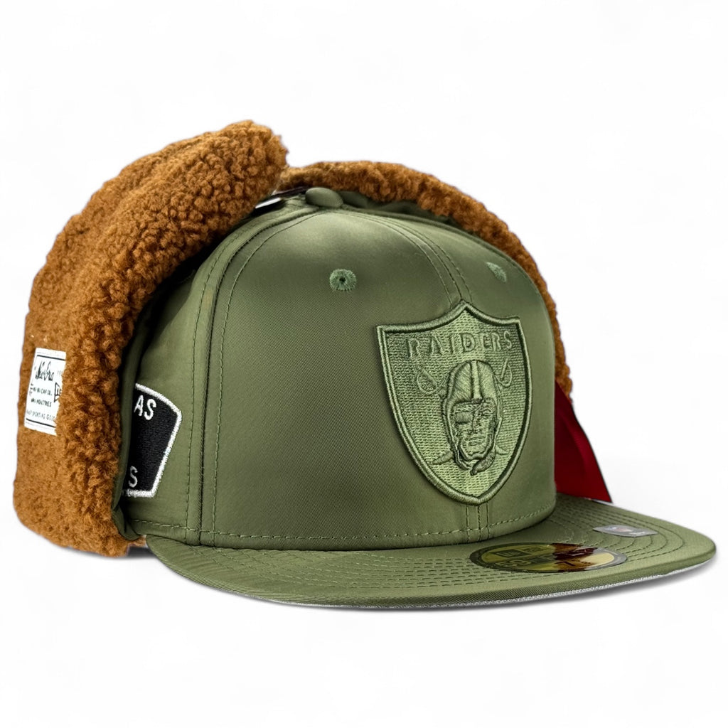 Las Vegas Raiders New Era x Alpha Industries Dog Ear 59FIFTY Fitted Hat - Olive Green Satin