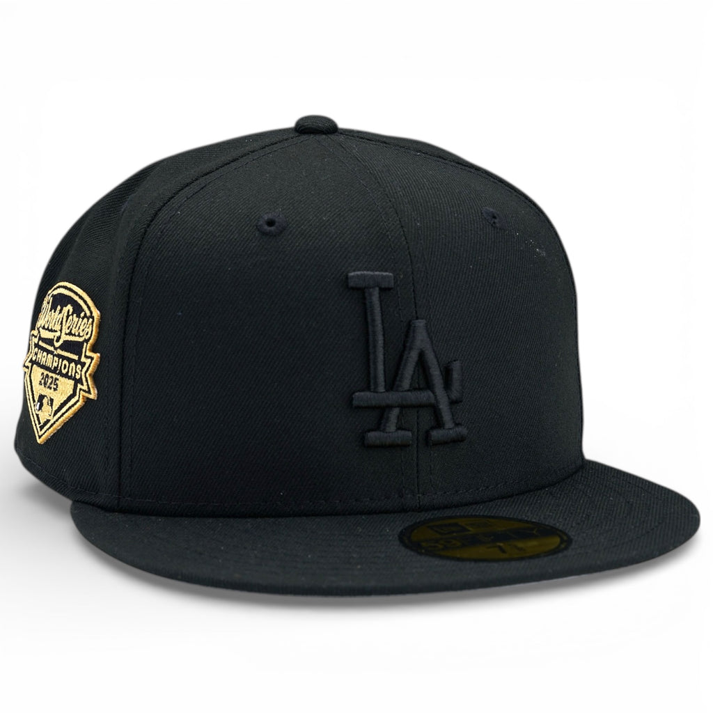 Los Angeles Dodgers Blackout 2025 Gold World Series Champions Patch Fitted Hat - Black on Black