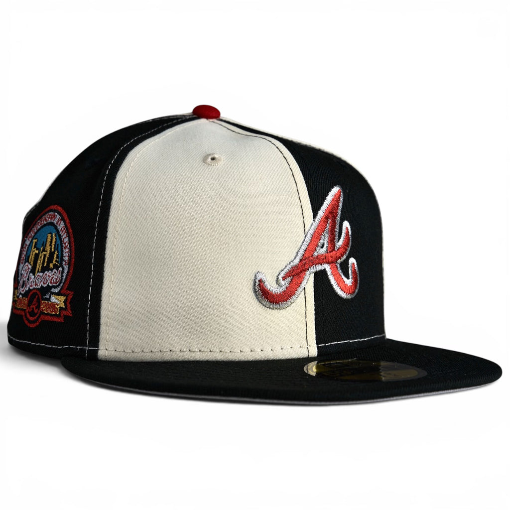 Atlanta Braves ☯️ YY TWINS ☯️ New Era 59Fifty Fitted Hat - Chrome White & Black Pinwheel / Black