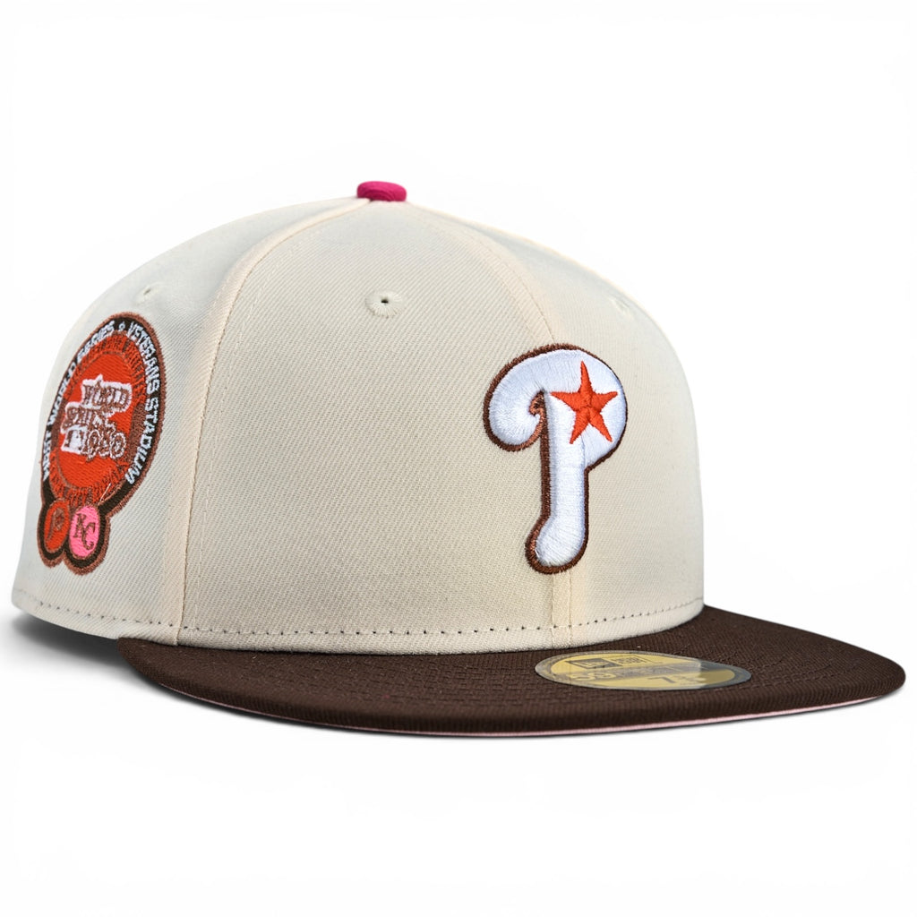 Philadelphia Phillies 🧡🍩 DOUGH & JOE ☕️🩷 New Era 59Fifty Fitted Hat - Chrome White / Walnut