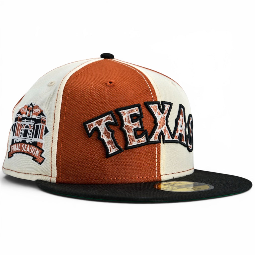 Texas Rangers 🐂🤘🏽BEVO 2.0🤘🏽🐂 Texas Takeover New Era 59Fifty Fitted Hat - Chrome White / Burnt Orange Pinwheel / Black