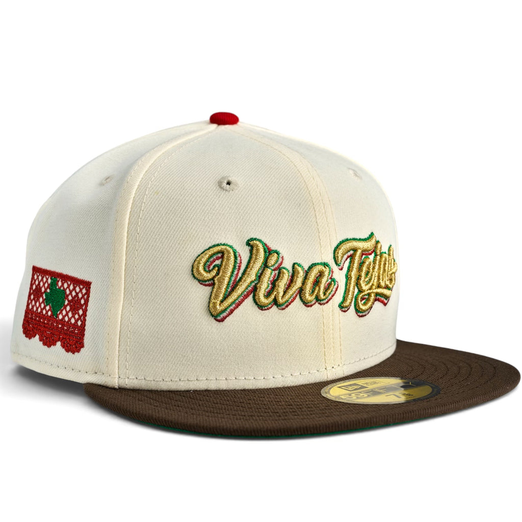 Texas Rangers 🇲🇽 VIVA TEJAS 🇲🇽  New Era 59Fifity Fitted hat - Chrome White / Walnut
