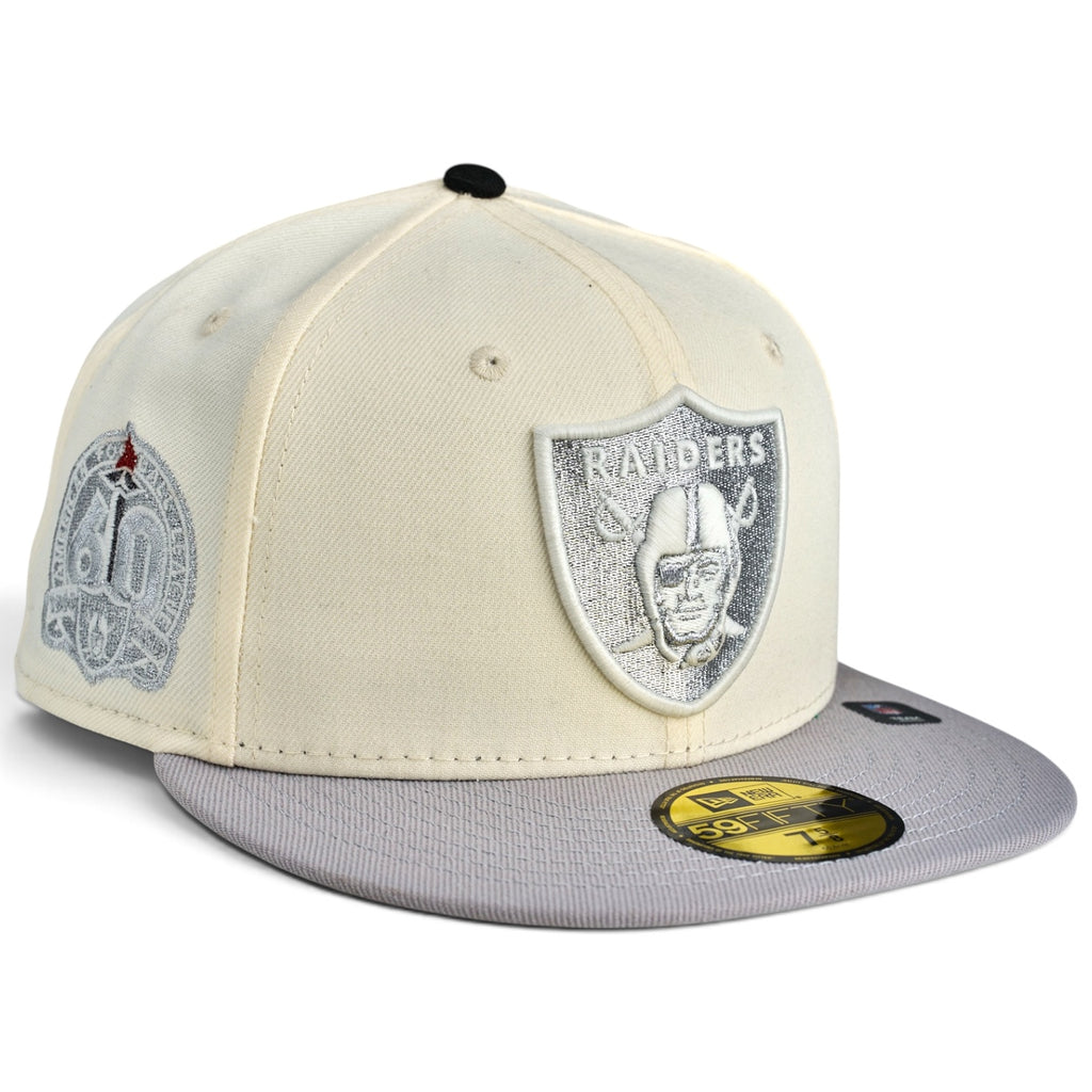Las Vegas Raiders 🏴‍☠️ DON DAVIS 🏴‍☠️ New Era 59FIfty Fitted Hat - Chrome White / Grey