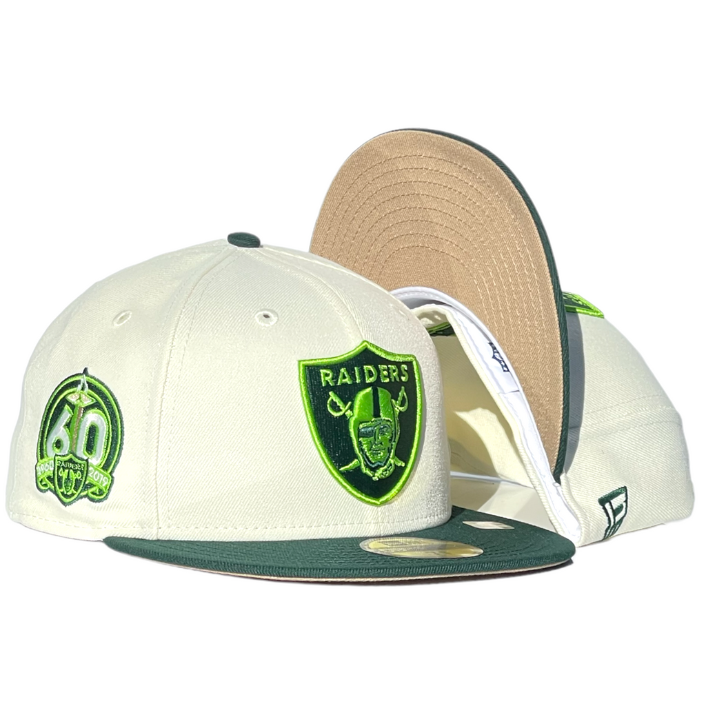 Las Vegas Raiders "Pebble Beach Pack" New Era 59Fifty Fitted Hat - Chrome White / Dark Green