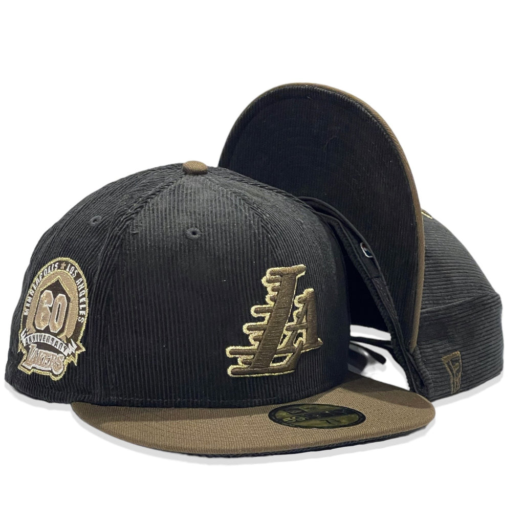 Los Angeles Lakers 60th Anniversary New Era 59FIFTY Fitted Hat - Black Corduroy / Walnut
